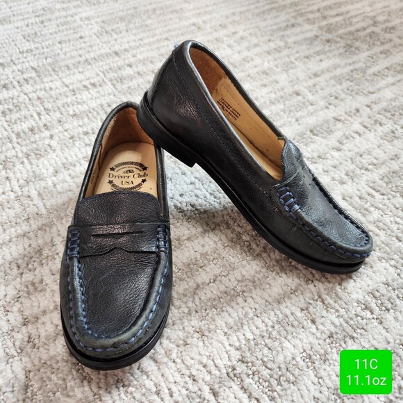 Drivers Club USA leather penny loafers slip on shoes blue size 11 child - Picture 1 of 12
